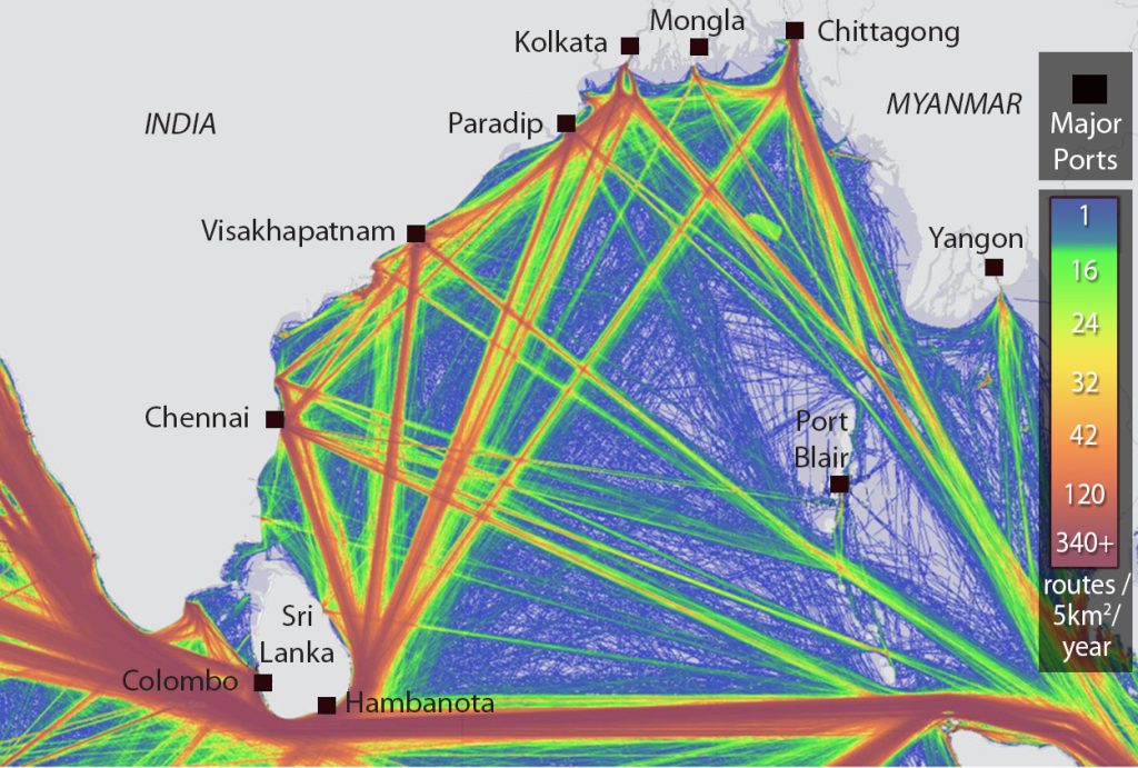 জাহাজ চলাচলের ব্যস্ত পথ বঙ্গোপসাগর।  